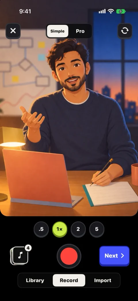 Preview of the Omnomesh camera on iPhone, with an illustrated man at his desk.